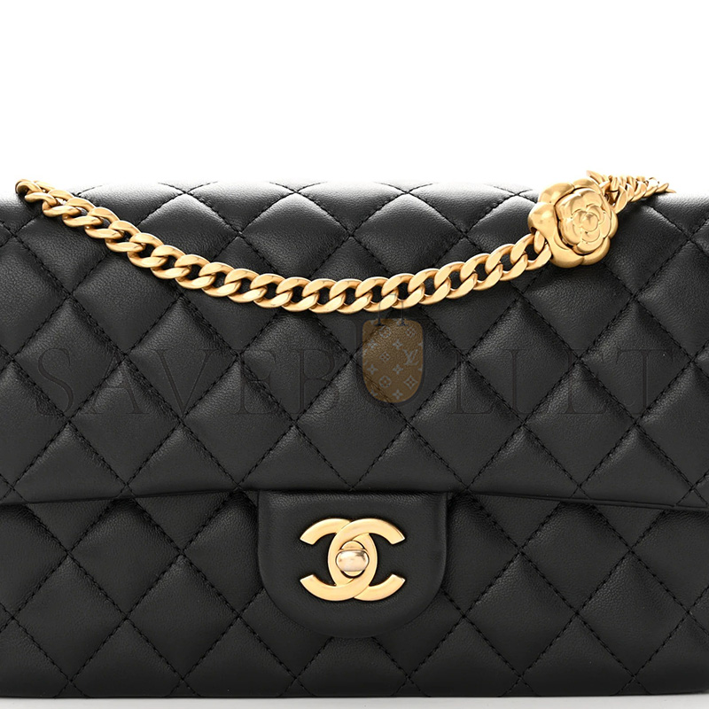 CHANEL LAMBSKIN QUILTED SMALL SWEET CAMELLIA FLAP BLACK (23*14*7cm)